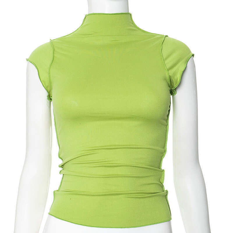 Qtp013 Women's Summer New Solid Color Half High Neck Sleeveless Crop Top Ruffled Vest T-Shirt B5