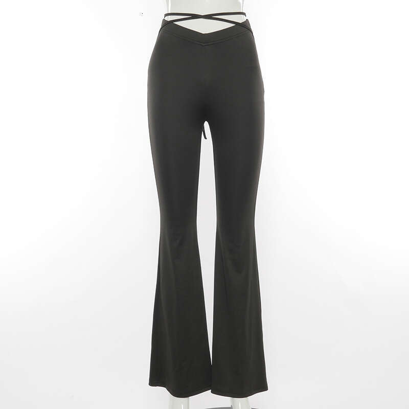 A20957p Women's Autumn New V-Shaped Waist Cropped Cross Strap Flared Casual Pants B5