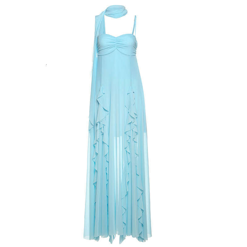 2025 Summer New Reverse Halter Pure Desire Beach Vacation Style Irregular Mesh Strap Dress 3da