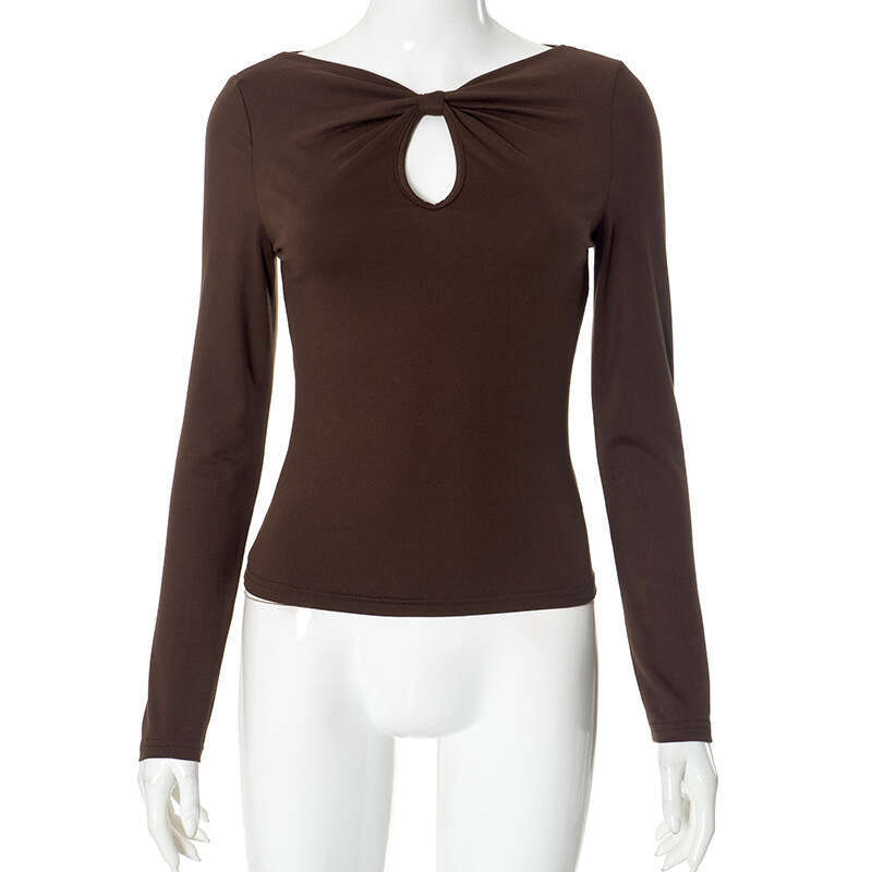 Qtp4 Women's Autumn New Solid Color Round Bow Collar Hollow Sexy Long Sleeve Top B5