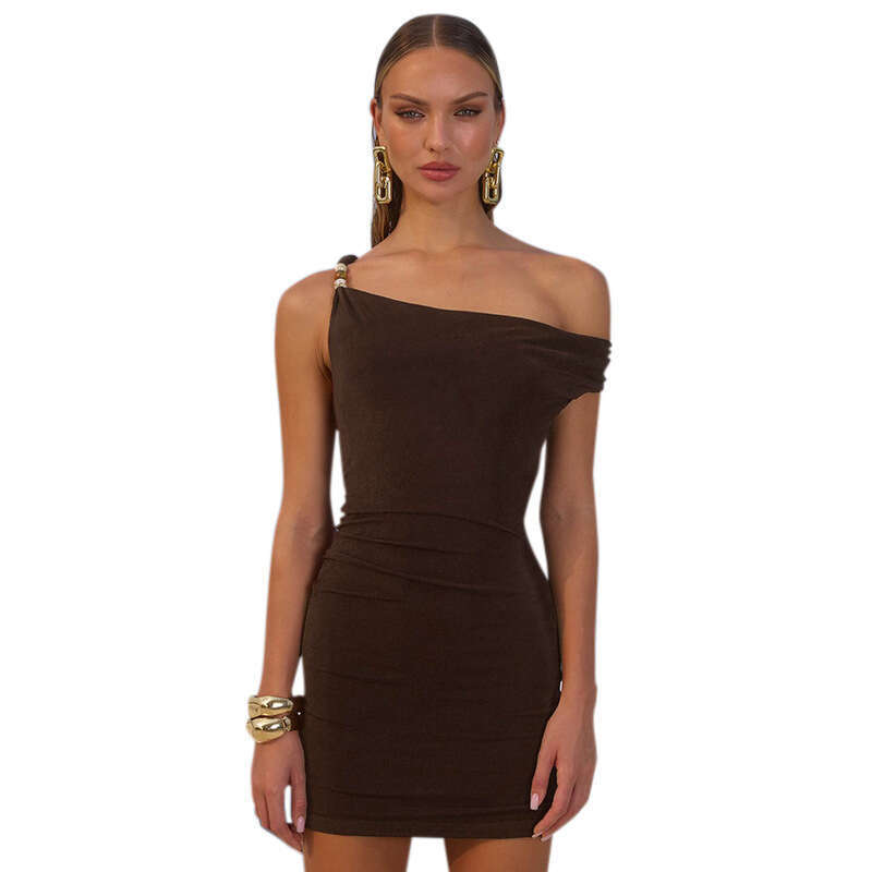 F25ds045 Women's Summer New Solid Color Asymmetric One-Shoulder Sexy Bodycon Dress B5