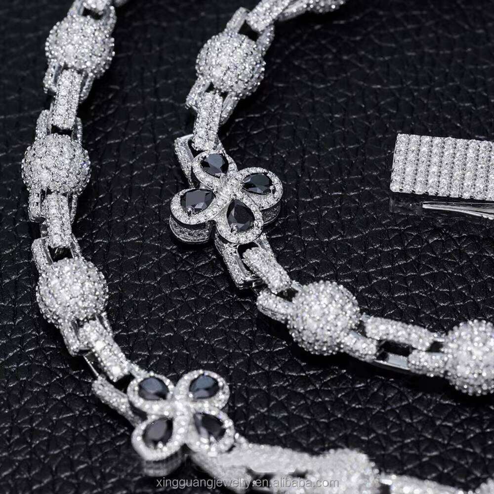 XingGuang Customized Spring Clasp Black Dia Cuban Link Chains Solid Sier Moissanite Clover Shape Ball Chain for Men