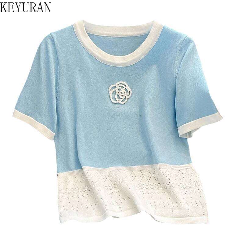 Designer Leisure High Quality 2025 Summer Thin Ice Silk Knitted Sweater T-shirt Women Round Neck Short Sleeve Patchwork Pullovers Knitwear Tops Ladies
