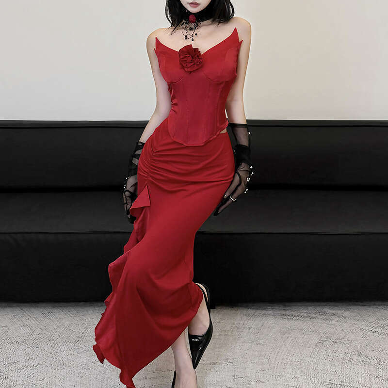 2024 Autumn New Women's Solid Color Slim Fashion High Waist Off-Shoulder Tube Dress 04f