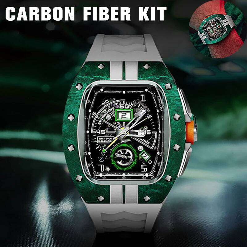 Carbon Fiber Case Modification Kit Apple Watch 45mm 44mm for IWatch Series 10 9 8 7 6 5 4 3 SE Fluororubber Strap