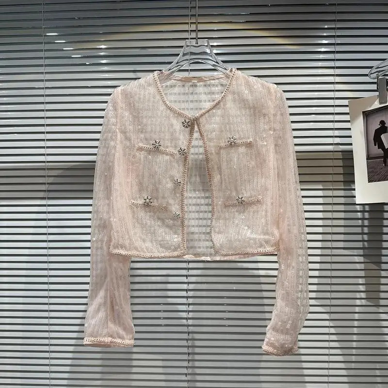 Spring Summer Sequin Shoulder Pad Sunscreen Short Coat Women White Black Pink Jacket 250725
