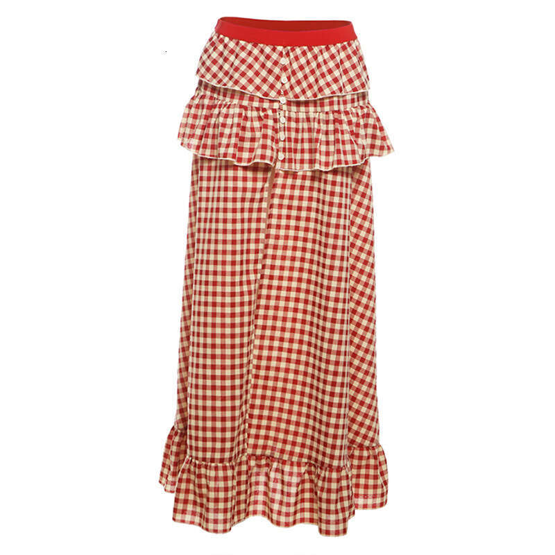 2025 Summer New Sleeve Waist-Exposing Fashion Trendy Top Irregular High-Slit Plaid Long Skirt abd