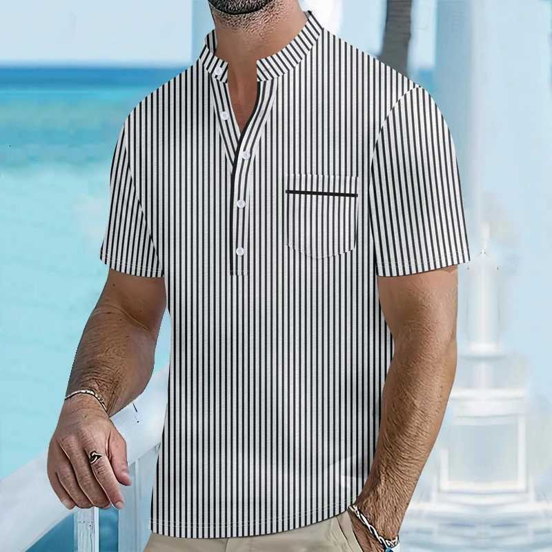 Summer Stand Up Collar Mens Short Sleeve Polo Shirt Male Business Casual Henry Shirt Striped Pocket Soft and Comfortable Top XJ250725