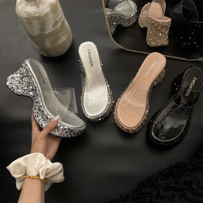 Summer Versatile Casual Thick-Soled Slippers Fashion Sequin Transparent One-Strap Women's Square-Toe Wedge High-Heel Sandals ddmythur