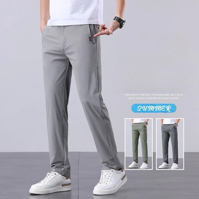 Summer Mens Ice Silk Pants Korean Y2K All Match Elastic Sweatpants Office Business Casual Fashion Straight Suit Trousers 250725