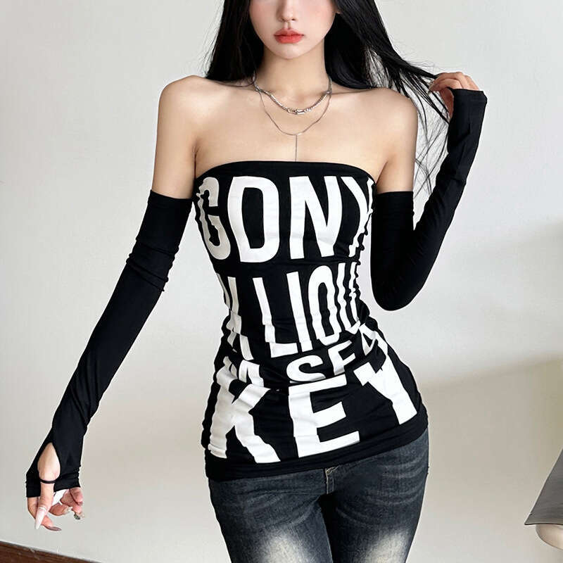 2024 Autumn/Winter New Street Style Sexy Letter Print Tube Top Bodycon Dress 8d5