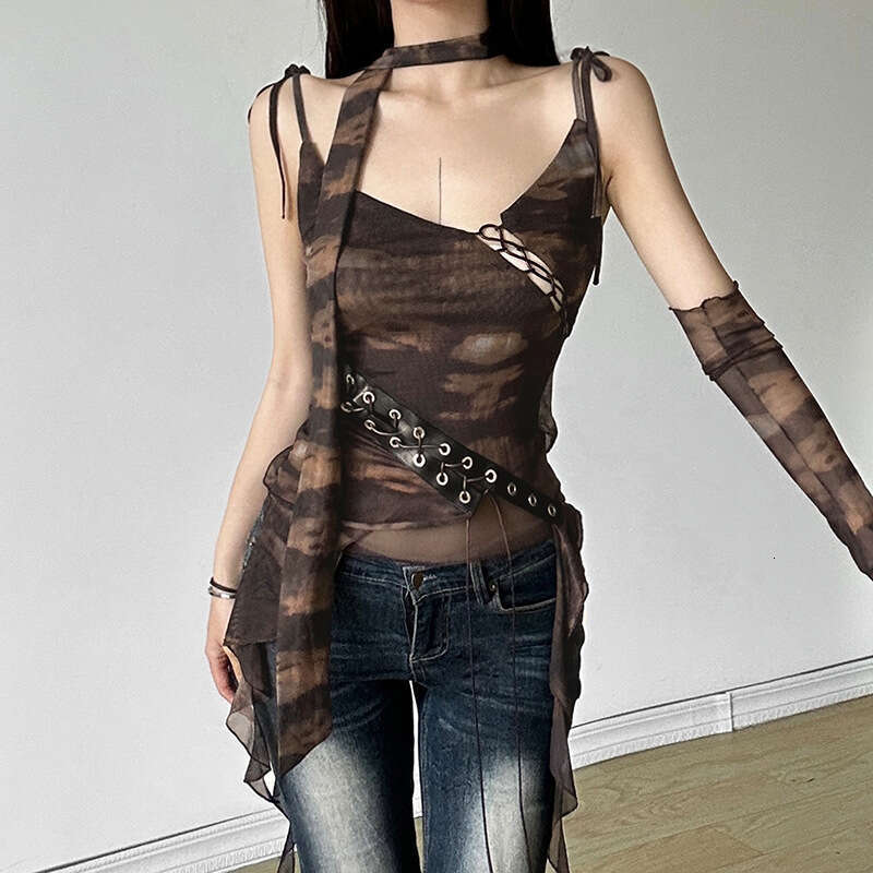 2024 Summer New Fashion Women's Sexy Camisole Mesh Tank Single Sleeve Top 774