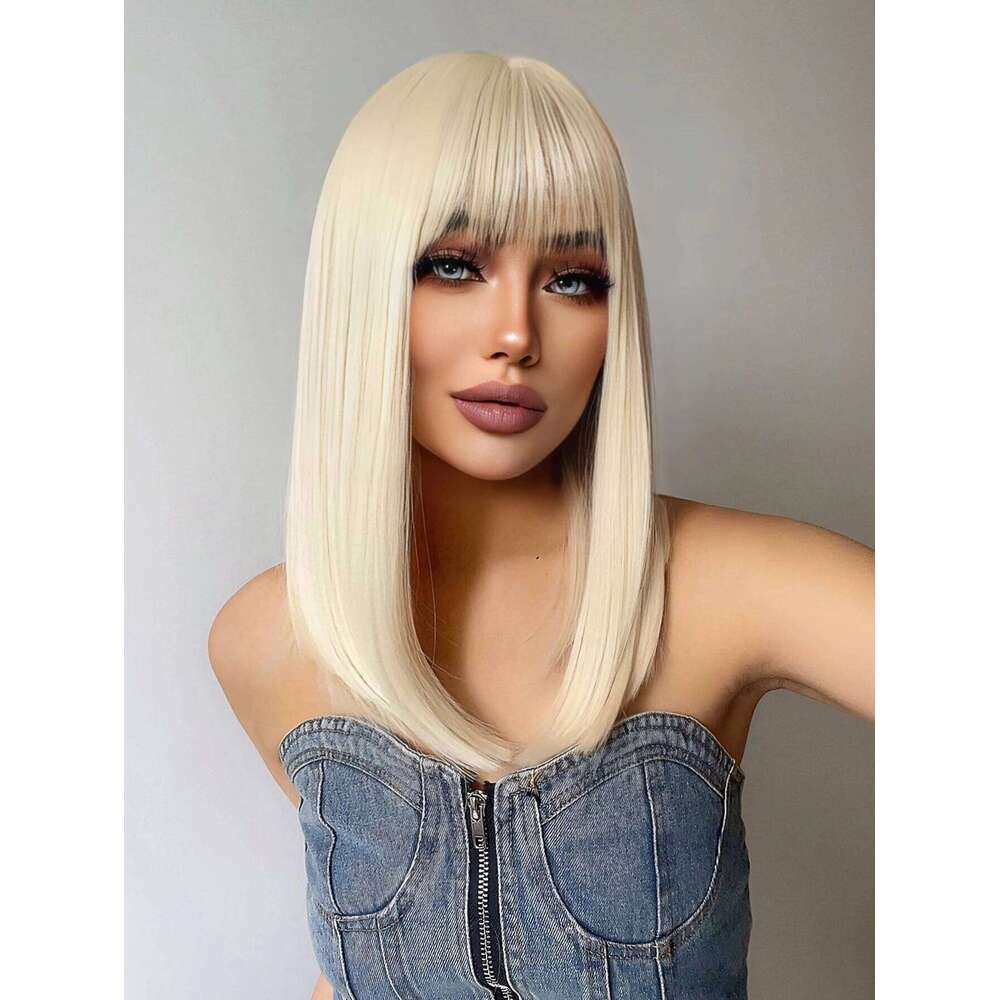 Platinum Blonde Synthetic Wigs With Bang Long Natural Straight Human Hair Wig For Women Daily Use Cosplay Party Heat Resistant