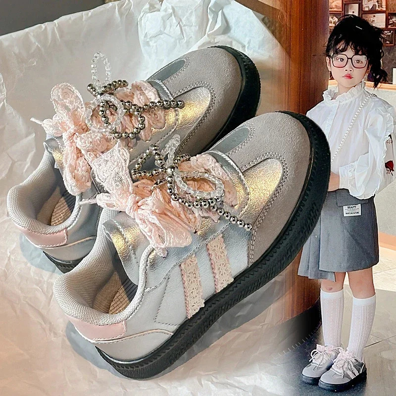 Girls Sports Shoes Mesh Lace Bow Kids Casual Princess Style Ins Trendy Children Running Fashion Soft Sole 250725