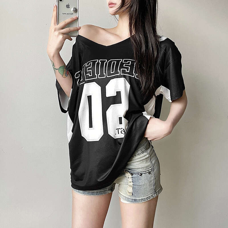 2024 Women's Summer New Fashion Letter Print Asymmetric Neck Short Sleeve Loose T-Shirt d2d