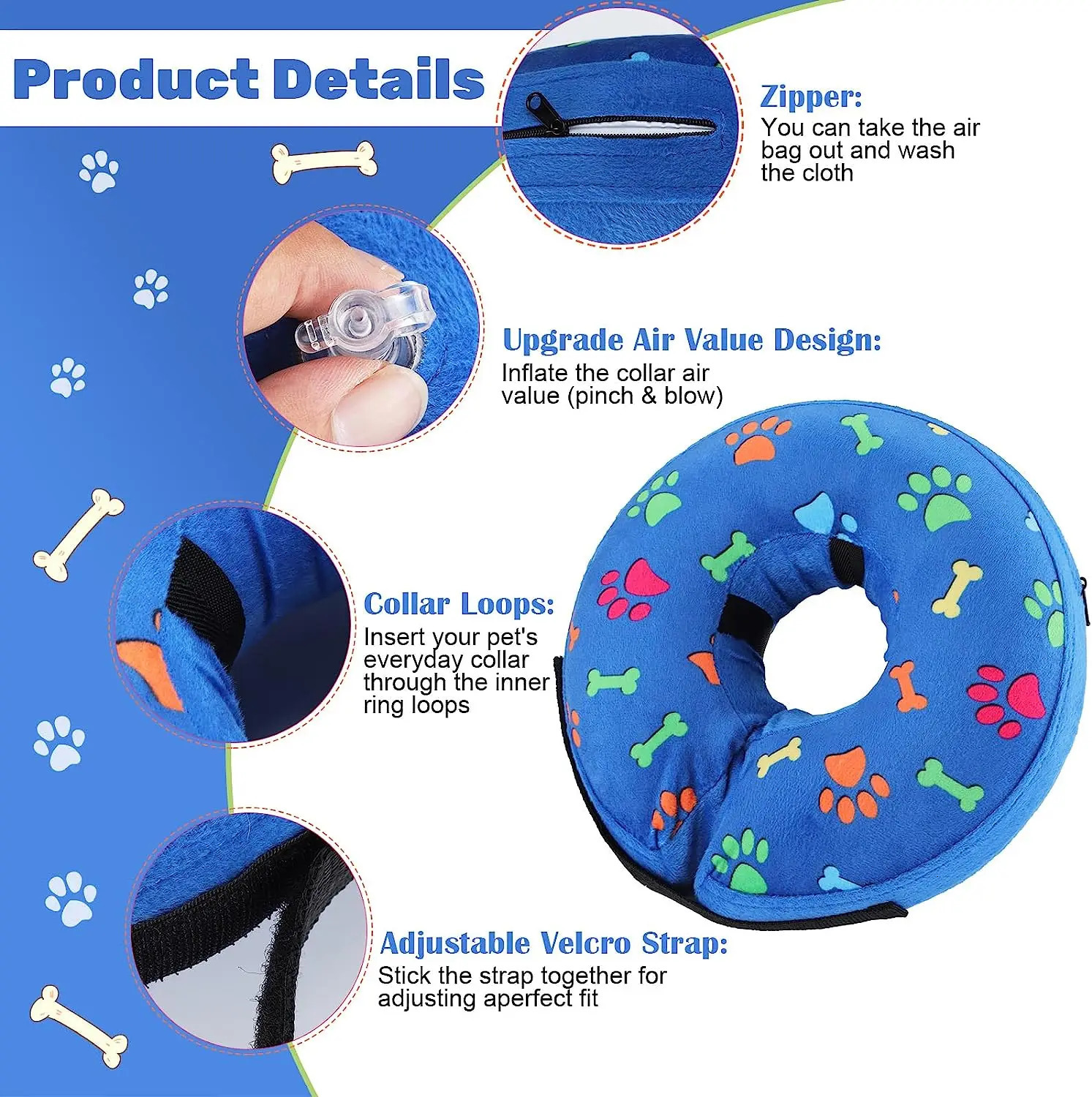 Dog Inflatable Cone Collar Adjustable Washable Pet Recovery Cone After Surgery Protective Collar for Large Medium Small Dogs Cat 250716