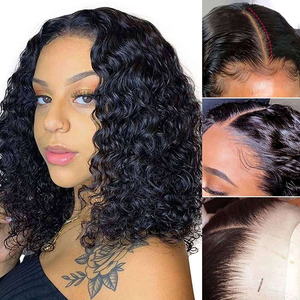 Brazilian Deep Wave Bob 13X4 Lace Frontal Human Natural Hairline Remy Short Curly Closure Wig Preplucked Baby Hair