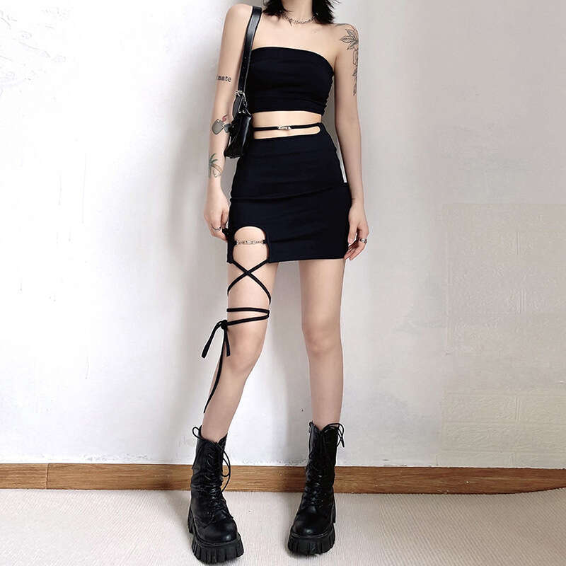 2022 Summer New Women's Solid Color Slim High Bodycon Street Fashion Tie Waist Skirt 6e0