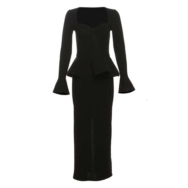 2024 Autumn New Women's Solid Color Slim Street Fashion Square Neck Long Sleeve Split Dress 7ff