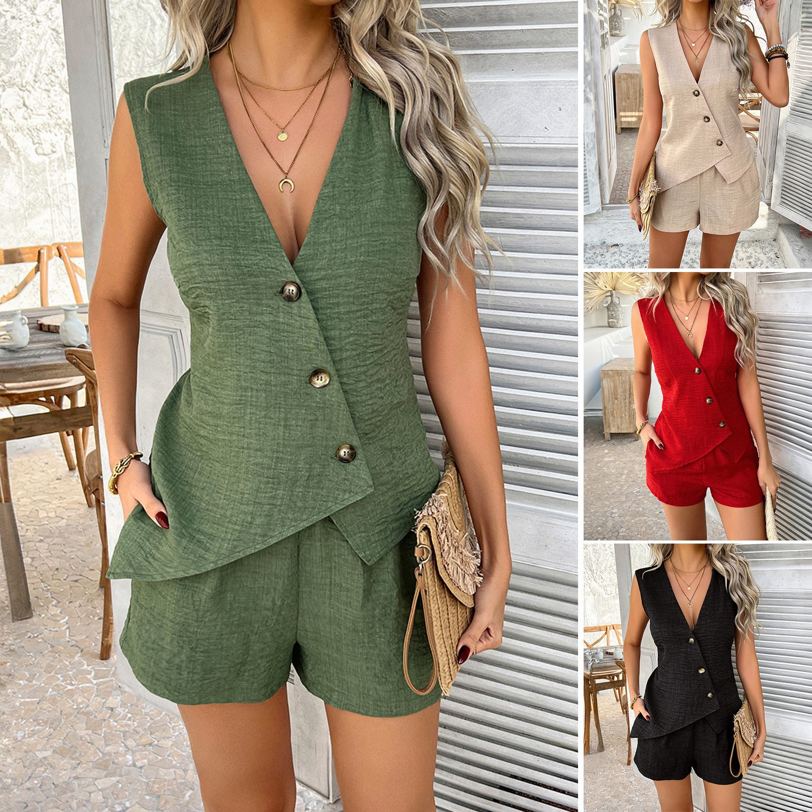 2025 Spring and Summer Casual Solid Color Vacation Style Button Cardigan Vest Shorts Set Womens Clothing