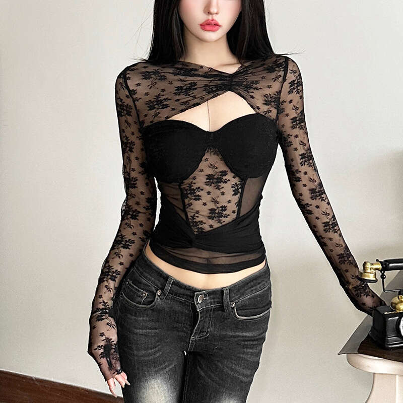 Women's Clothing 2024 Autumn Winter New Street Fashion Sexy Round Neck Long Sleeve Hollow Out T-Shirt for Women cf7