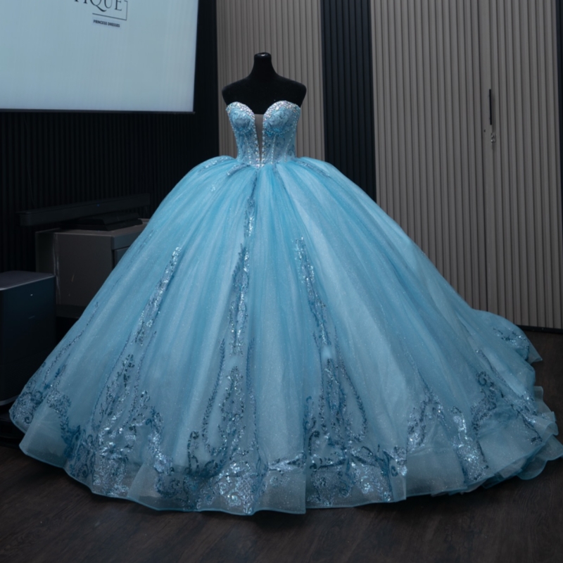 Sky Blue Quinceanera Dresses Ball Gown Off The Shoulder Applique Lace Beads Tull Corset Party Birthday Sweet 16 Dress Vestidos 15 Anos