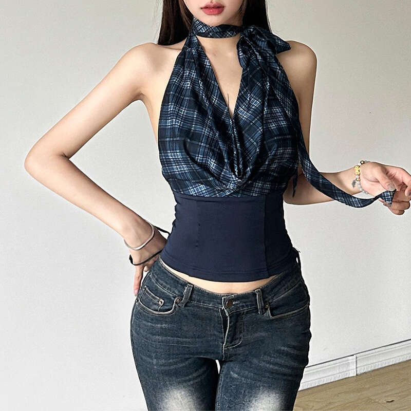 2024 Summer New Women's Solid Color Slim Fit Street Fashion Halter Sexy Backless Tank Top bef