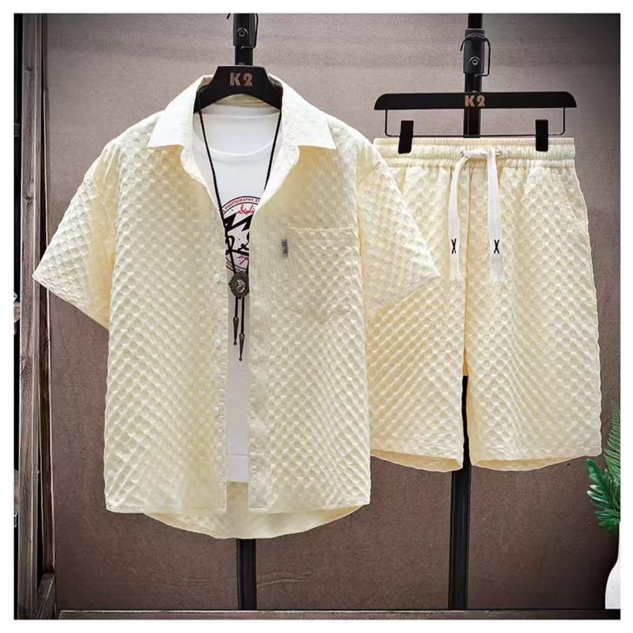 Advanced Jacquard T-shirt men's fashion brand summer plus size heavy short sleeve American high street five and a half sleeves suit.#0143639665