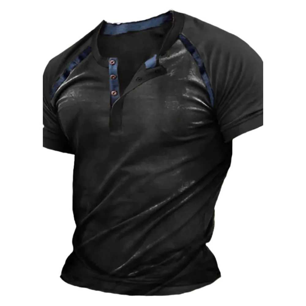 T Shirt Mens Henley Summer Graphic Button Plain 3d Print Street Vintage Casual Short Sleeve Clothing Oversized Tops Streetwear Y250724