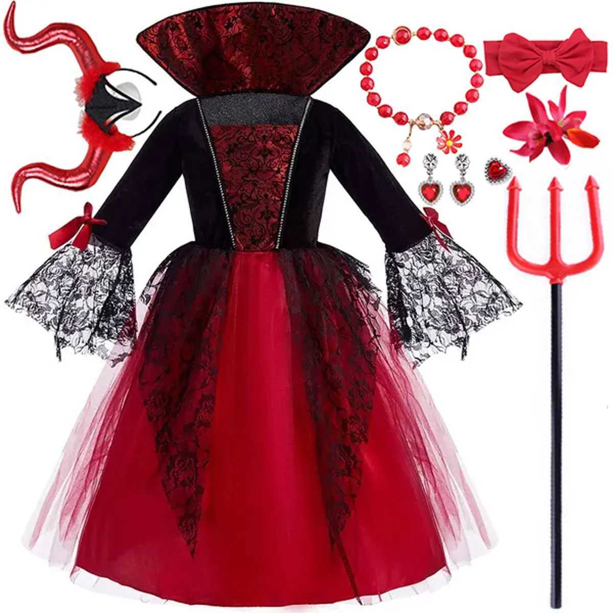 2025 Halloween Festive Par Gothic Red Mesh Long Sleeve Cute Horror Vampire Princess Dress Girl Role Playing Costume Set Z250725