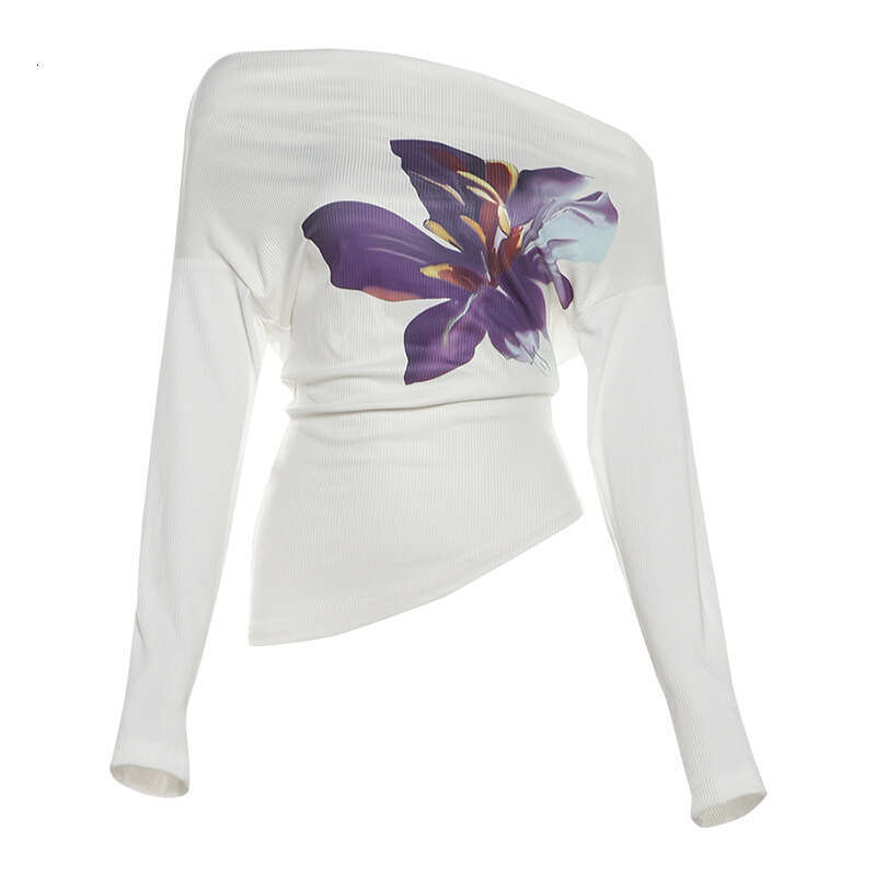 2024 Autumn New Women's Solid Color Slim Street Fashion Asymmetrical Neck Long Sleeve Printed Top 3fe