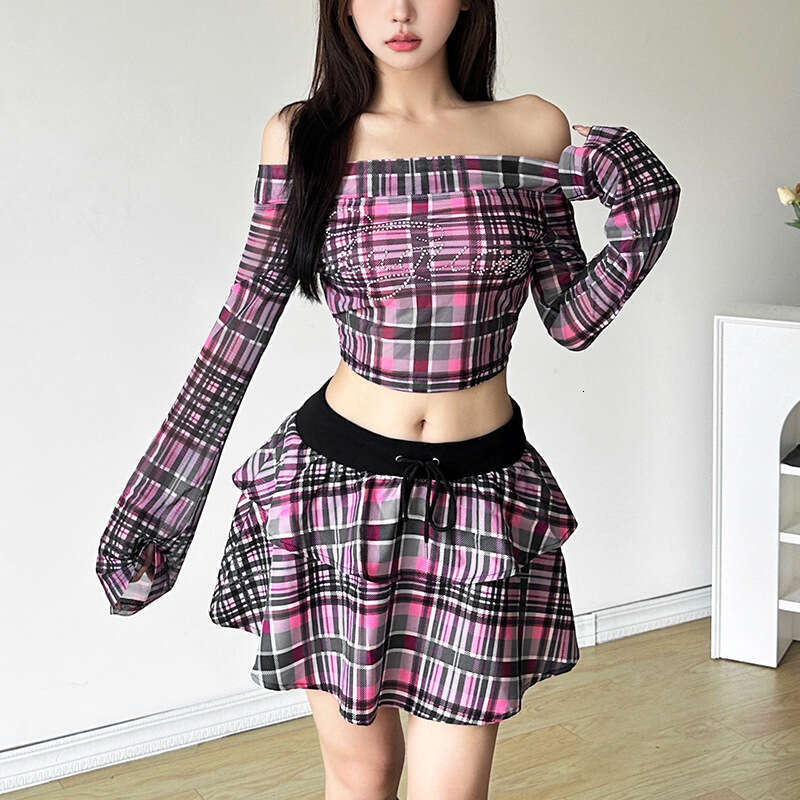 Women's Clothing 2024 Autumn New Plaid Off-Shoulder Long Sleeve Top High Waist Skirt Set 061