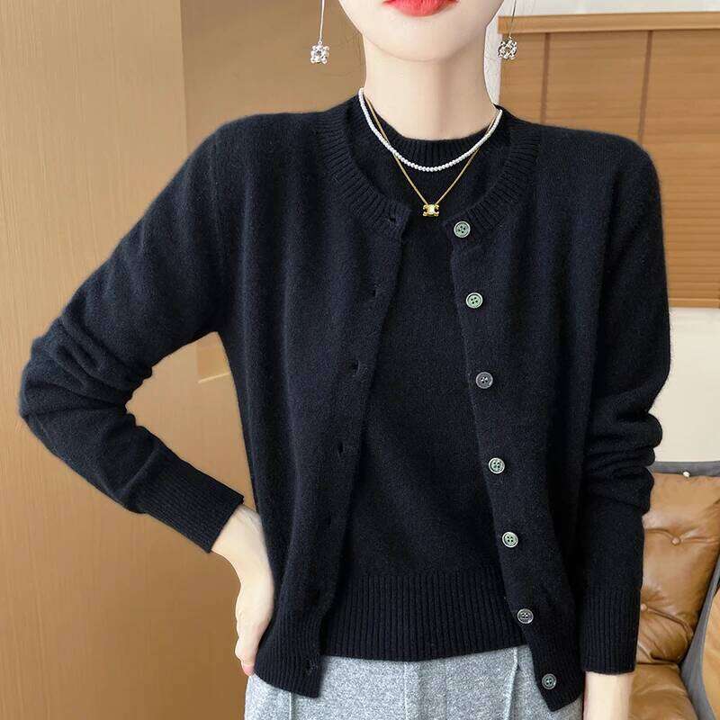 Women 100% Merino Wool Two Piece Set Sweater O-Neck Long Cardigan And Short Sleeve Pullover All Seasons Cashmere Knit Top MDNG
