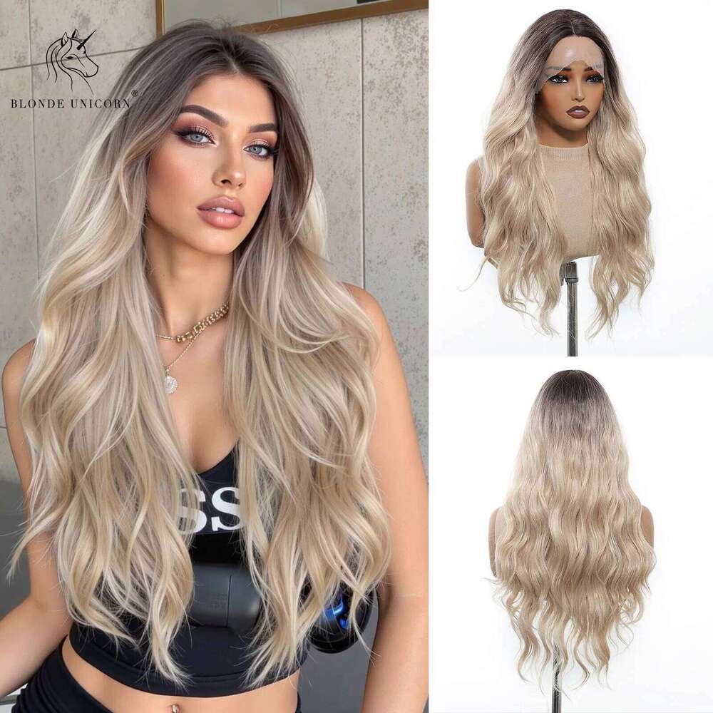 BlONDE UNICORN T Lace Synthetic Wig Ombre Dark Root to Blonde Curly Hair Women Wigs Daily Cosplay Natural Heat Resistant Fiber