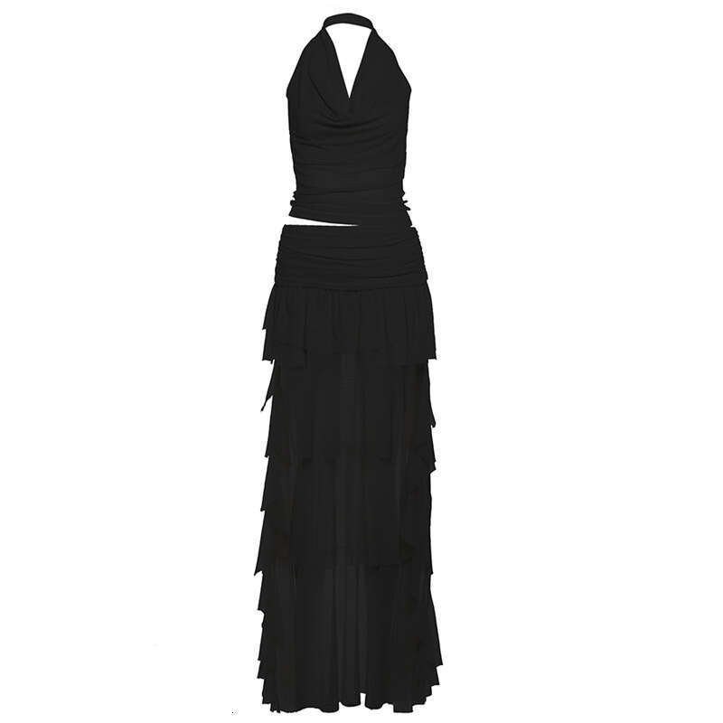 2025 Spring New Women's Solid Color Slim Fit Halter Neck Vest Fashion Low Waist Skirt Set 49c