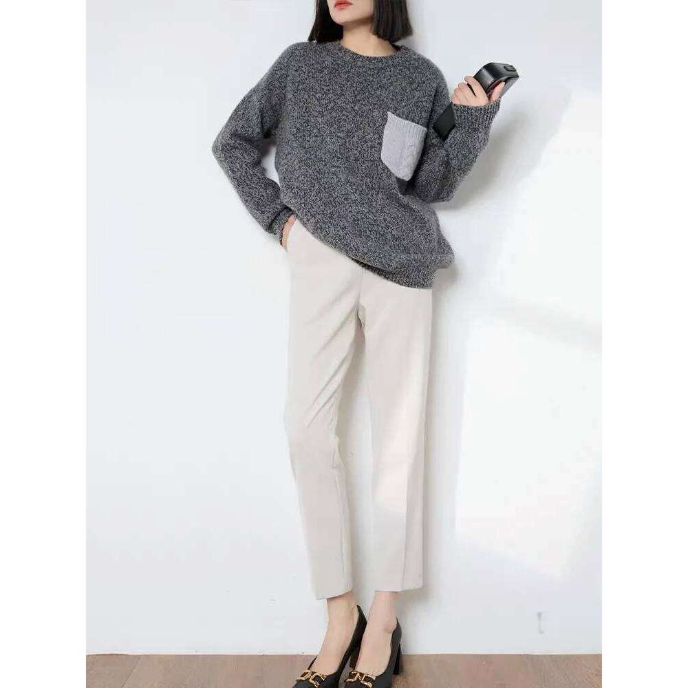 Women's Sweater Autumn/Winter New 100% Pure Cashmere Hoodie Casual Splicing Knitted Tops Thick Loose Round Neck Blouse MDNG