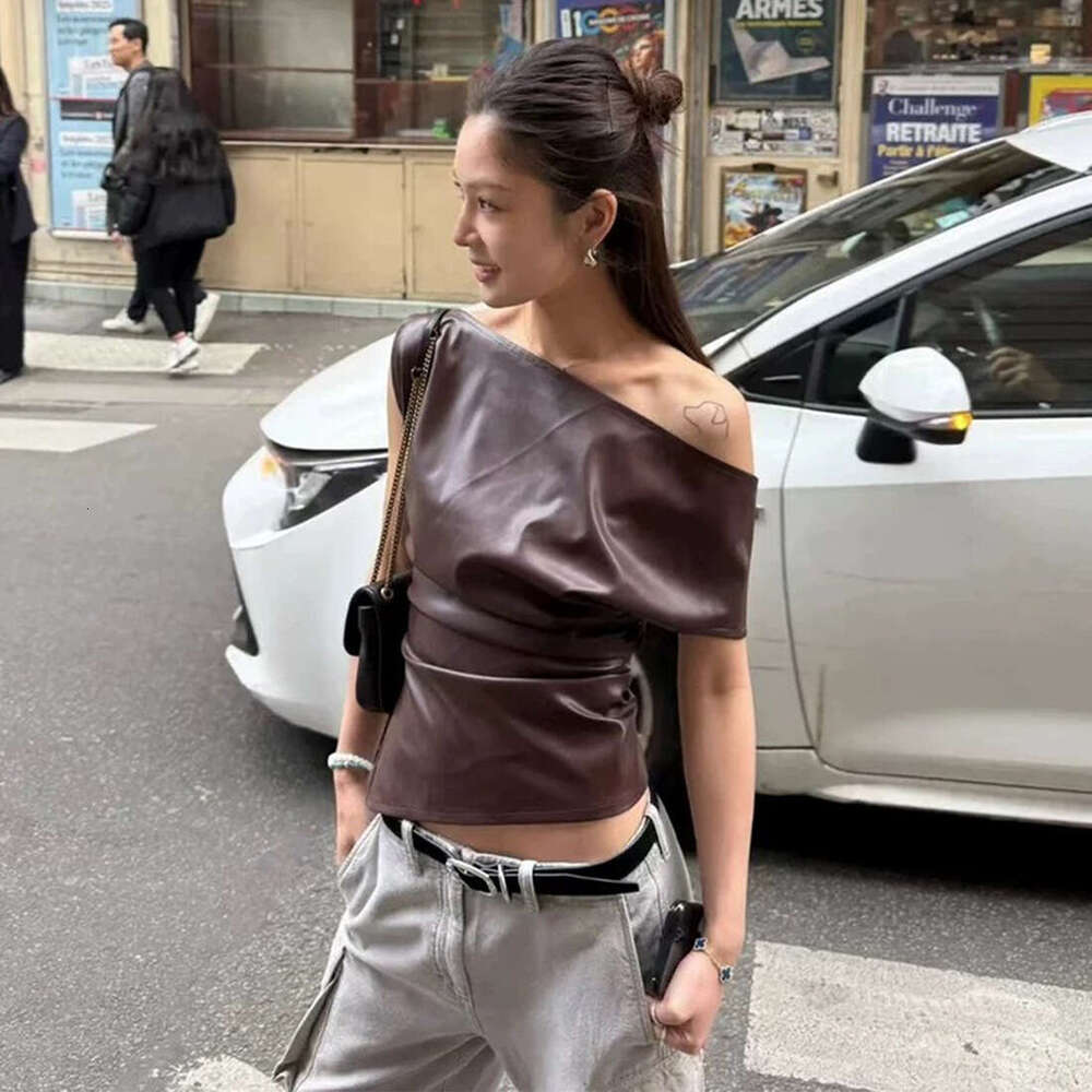 2025 Summer New PU Asymmetrical Off-Shoulder Tube Slim Fit Elegant Trendy Versatile Women's Top 503
