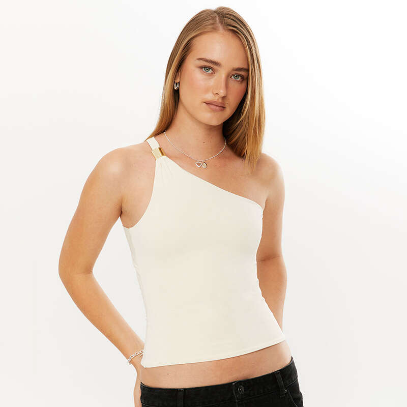 Y25tp2 Women's Summer New Solid Color Asymmetrical Neck Single Shoulder Metal Decorated Vest Top For Women B5