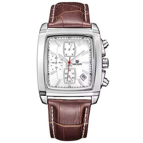 DHwatches MEGIR Men's Square Watch - Digital-Analog, Luminous, 30M Waterproof, Leather Strap, Business Chronograph