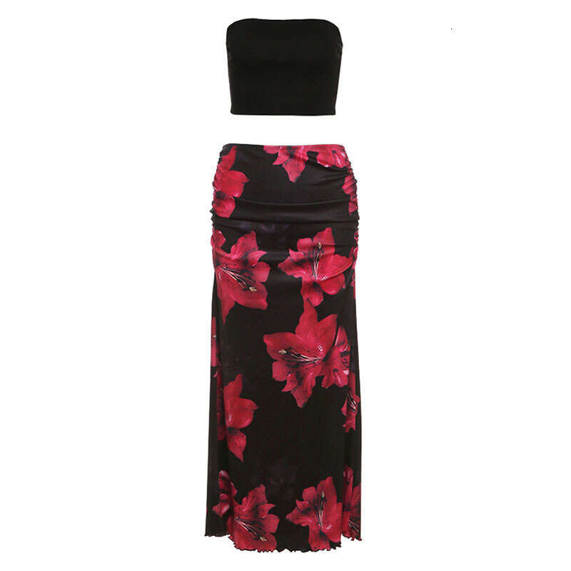 2025 Summer New Style Hot Girl Slim Fit Elegant Versatile Tube Top High Waist Printed Skirt for Women 79a