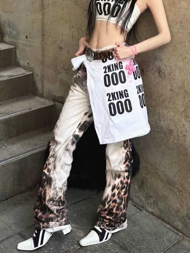 Large-size American retro digital print leopard pattern gradient denim pants - men's and women's street-style distressed straight-leg slim-f