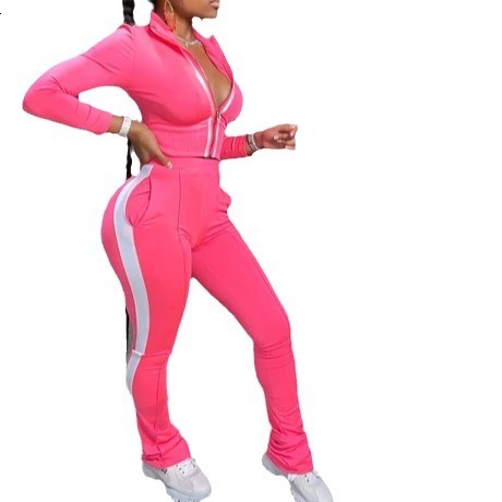 Womens Solid Color Patchwork Fashion Sports Casual Two-Piece Set