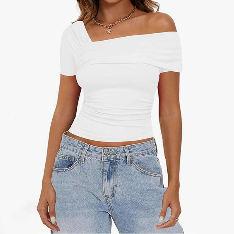 Y23tp706 Women's Autumn New Solid Color One-Shoulder Short Sleeve Backless Ruched Top T-Shirt B5