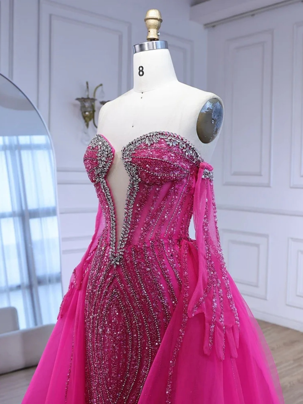 Princess Crystal Mermaid Evening Dress Off Shoulder Beaded Sequins Prom Gowns Detachable Sweep Train Party Dresses Customized