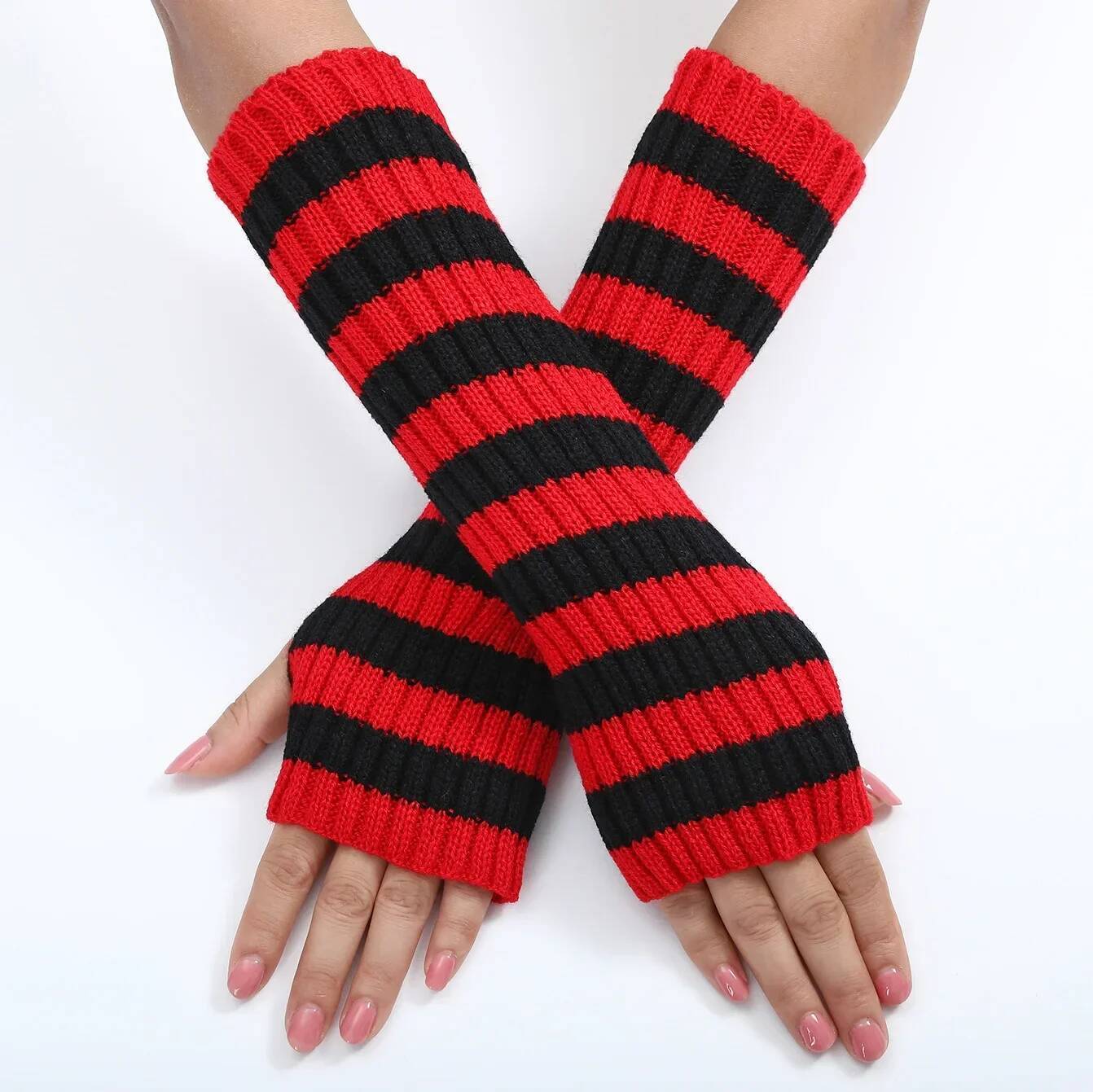 30cm Women's Fashionable Striped Fingerless Mittens Girls Long Knit Gloves for Warmth Winter Glove ddmythur