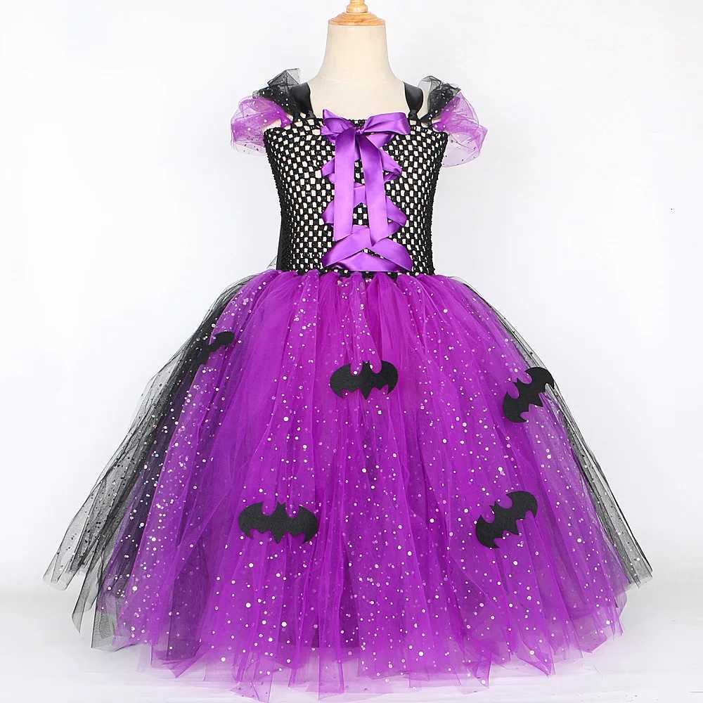 2025 Halloween Festive Par Girls Cosplay Witch Purple Puffy Sleeveless Bat Decoration Dress Girls Classic Festive Clothing Set Z250725