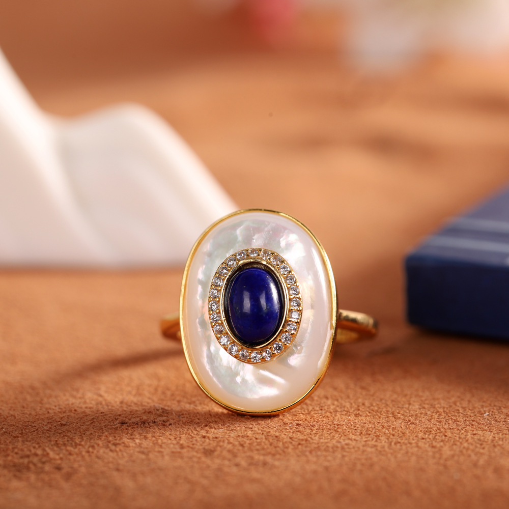 Luxurious Womens Accents: Modern Design Sterling Silver Ring Featuring Unique Shell-Inlayed Blue Gemstones