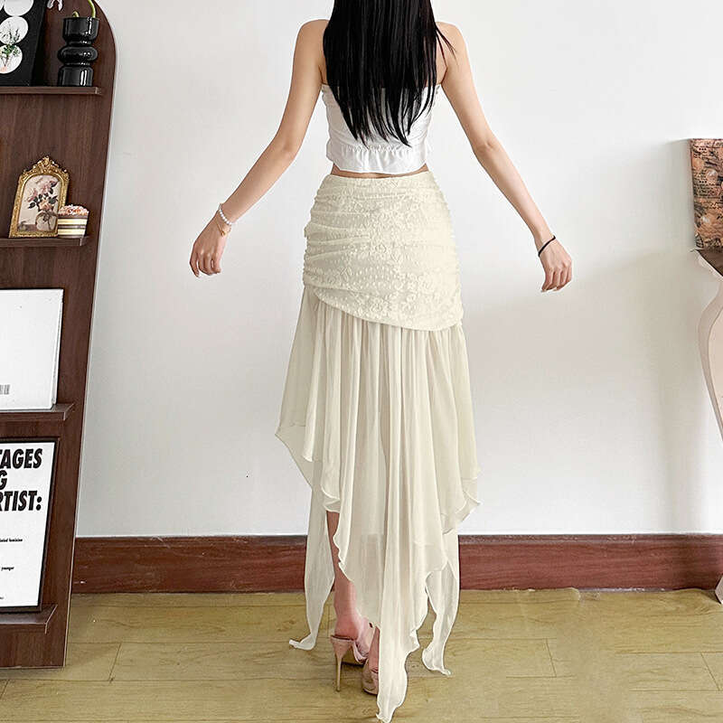 2025 Spring New Women's Fashion Solid Color Slim Fit High Waist Mesh Irregular Skirt 62a