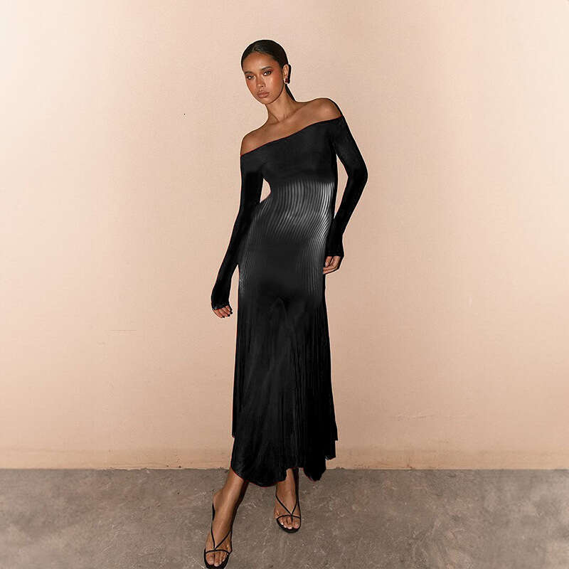 Qds465 Women's Autumn New Off-Shoulder Long Sleeve Printed High Waist Slim Fit Bodycon Mermaid Dress B5