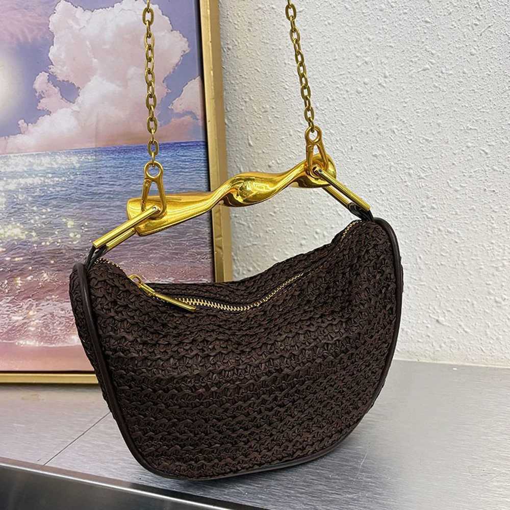 Metal Handle for Women Half Moon Rattan Woven Chain Shoulder Bag Bohemian Travel Beach Bag Designer Crossbody Handbag Y250725